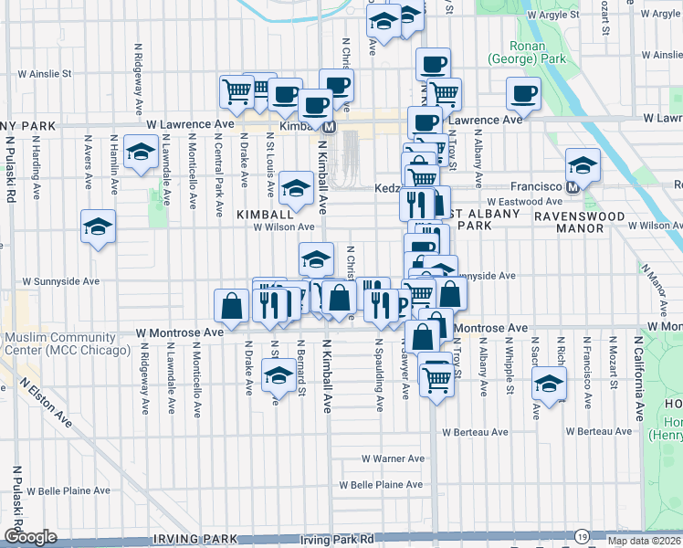 map of restaurants, bars, coffee shops, grocery stores, and more near 4442 North Christiana Avenue in Chicago