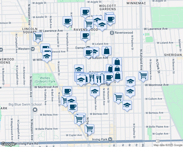 map of restaurants, bars, coffee shops, grocery stores, and more near 4430 North Winchester Avenue in Chicago