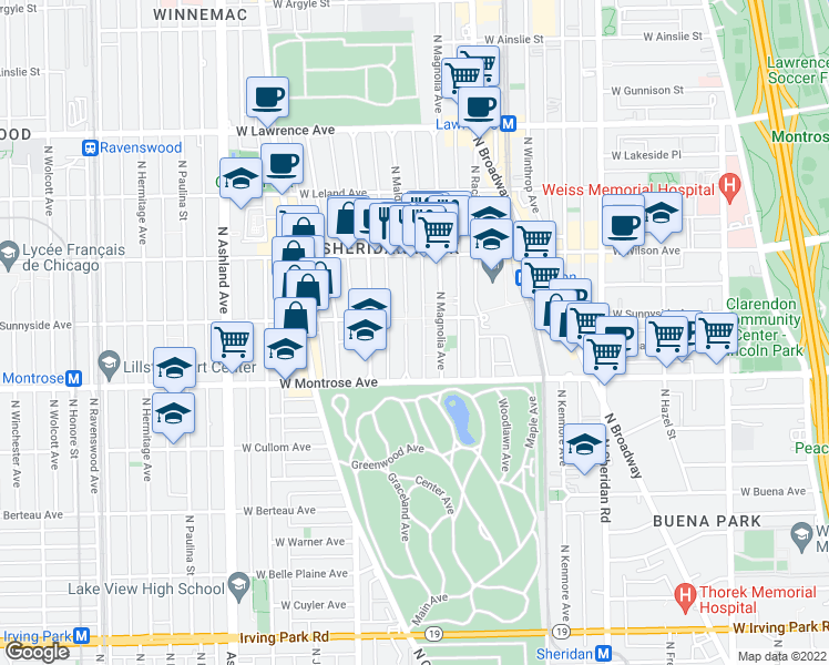 map of restaurants, bars, coffee shops, grocery stores, and more near 4424 North Magnolia Avenue in Chicago