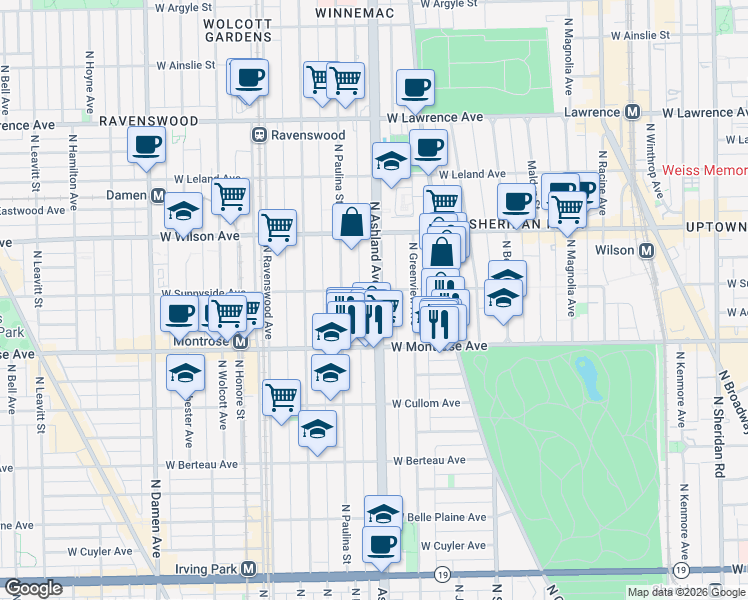 map of restaurants, bars, coffee shops, grocery stores, and more near 4433 North Ashland Avenue in Chicago