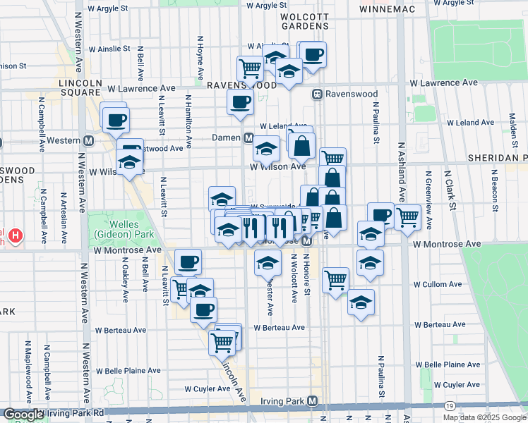 map of restaurants, bars, coffee shops, grocery stores, and more near 4430 North Winchester Avenue in Chicago