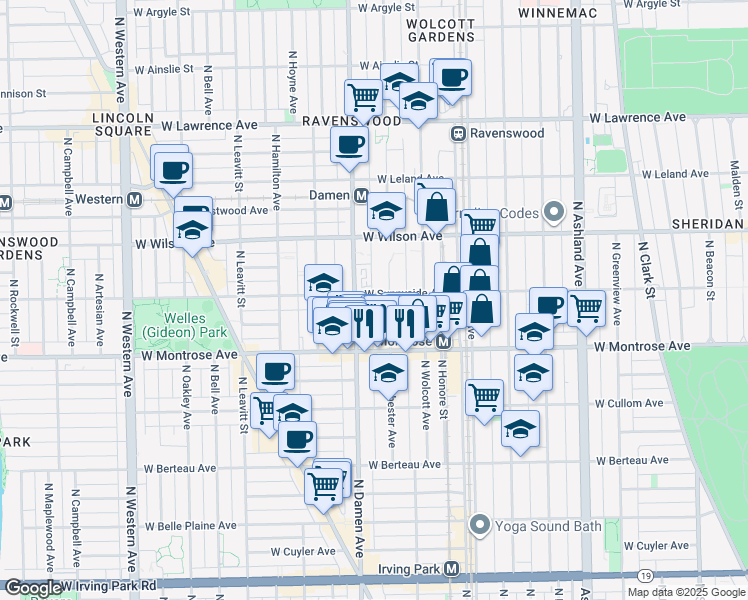 map of restaurants, bars, coffee shops, grocery stores, and more near 4430 North Winchester Avenue in Chicago