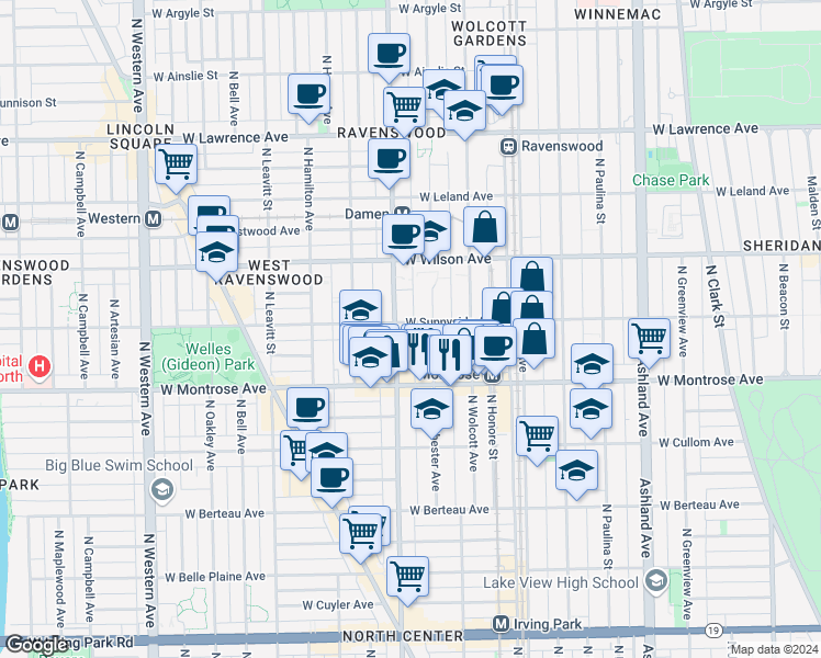 map of restaurants, bars, coffee shops, grocery stores, and more near 4430 North Winchester Avenue in Chicago