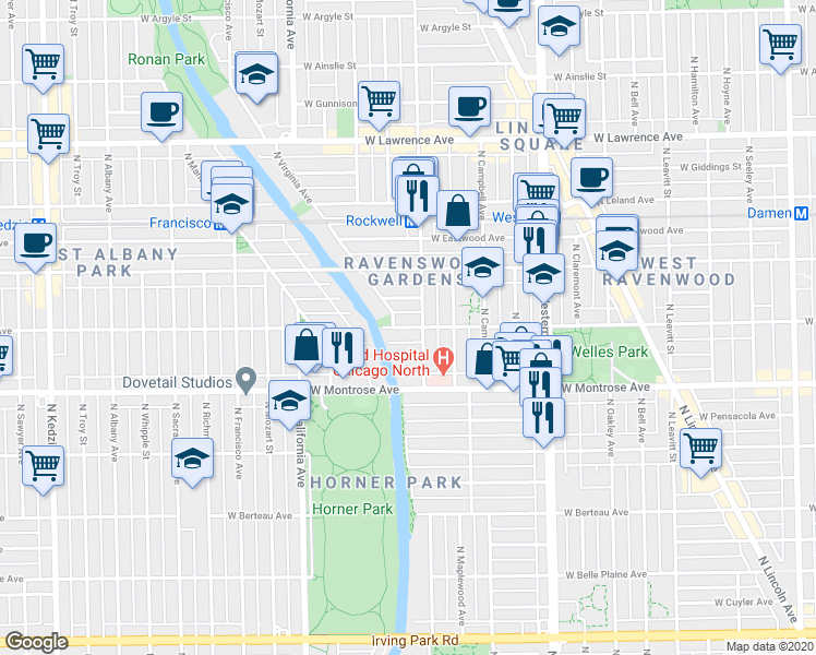 map of restaurants, bars, coffee shops, grocery stores, and more near 2620 West Agatite Avenue in Chicago