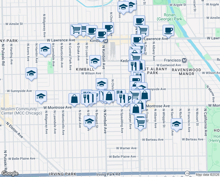 map of restaurants, bars, coffee shops, grocery stores, and more near 4442 North Christiana Avenue in Chicago