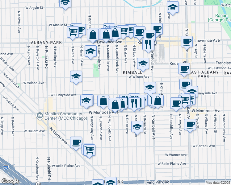 map of restaurants, bars, coffee shops, grocery stores, and more near 4446 North Central Park Avenue in Chicago