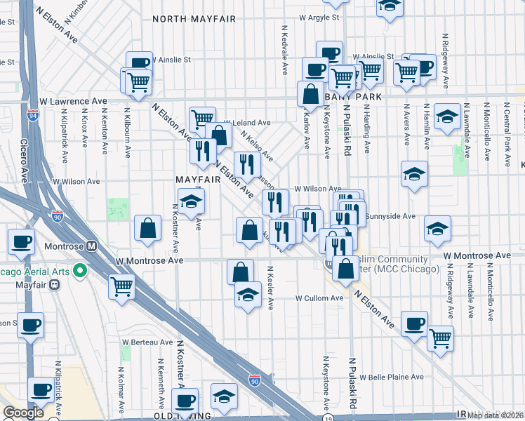 map of restaurants, bars, coffee shops, grocery stores, and more near 4536 North Elston Avenue in Chicago
