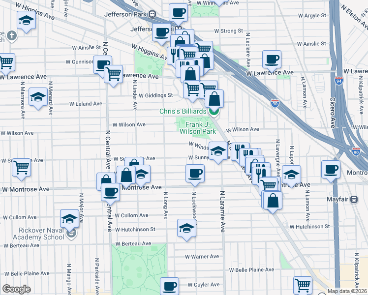 map of restaurants, bars, coffee shops, grocery stores, and more near 5311 West Sunnyside Avenue in Chicago