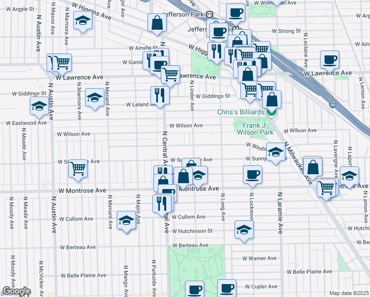map of restaurants, bars, coffee shops, grocery stores, and more near 5500 West Sunnyside Avenue in Chicago