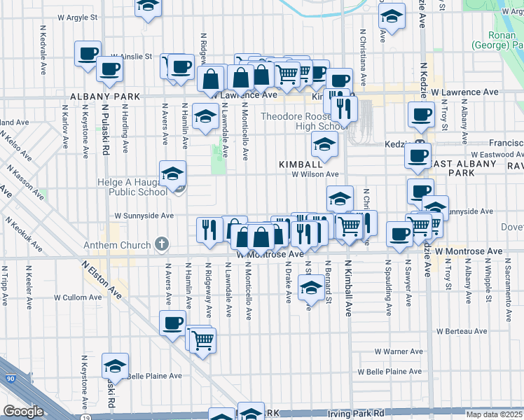 map of restaurants, bars, coffee shops, grocery stores, and more near 3600 West Sunnyside Avenue in Chicago