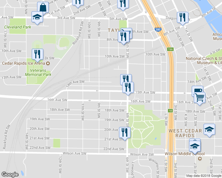 map of restaurants, bars, coffee shops, grocery stores, and more near 658 15th Avenue Southwest in Cedar Rapids