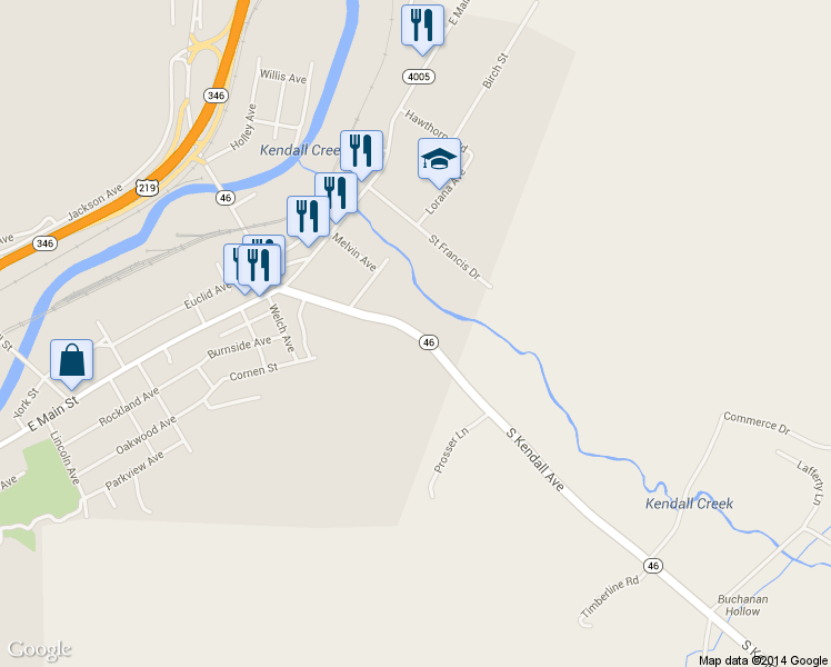 map of restaurants, bars, coffee shops, grocery stores, and more near 73 S Kendall Ave in Bradford
