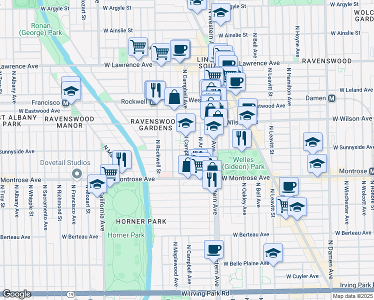 map of restaurants, bars, coffee shops, grocery stores, and more near North Campbell Avenue & West Sunnyside Avenue in Chicago