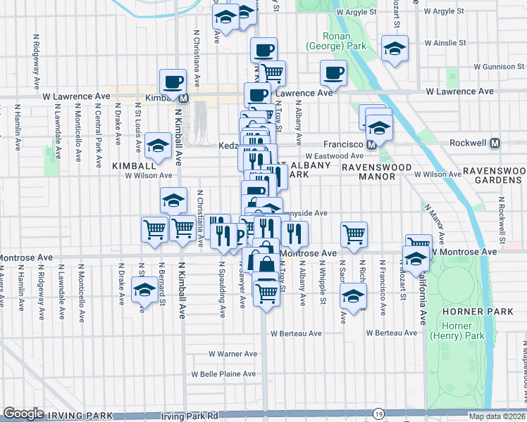 map of restaurants, bars, coffee shops, grocery stores, and more near 4501 North Kedzie Avenue in Chicago