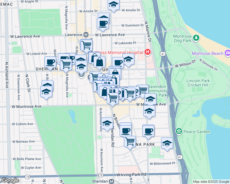 map of restaurants, bars, coffee shops, grocery stores, and more near 941 West Agatite Avenue in Chicago