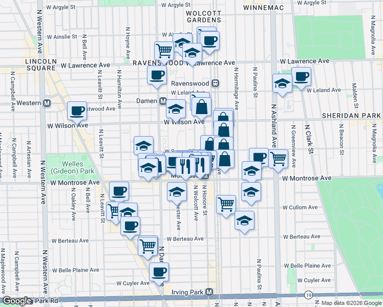 map of restaurants, bars, coffee shops, grocery stores, and more near 1903 West Sunnyside Avenue in Chicago