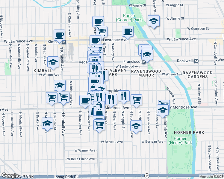 map of restaurants, bars, coffee shops, grocery stores, and more near 4445 North Troy Street in Chicago