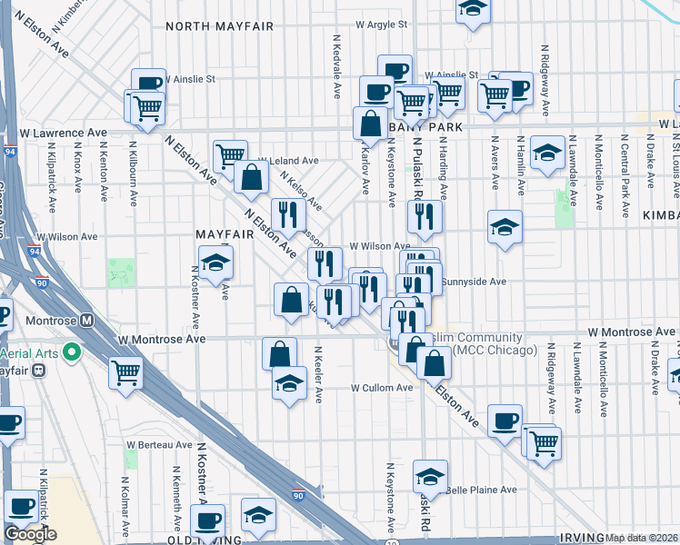 map of restaurants, bars, coffee shops, grocery stores, and more near 4506 North Kasson Avenue in Chicago