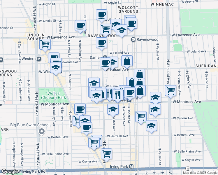 map of restaurants, bars, coffee shops, grocery stores, and more near 1947 West Sunnyside Avenue in Chicago