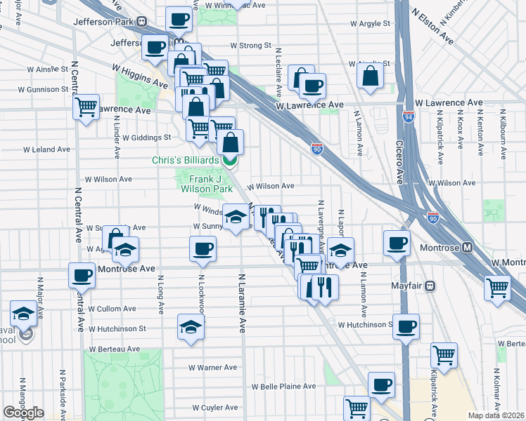 map of restaurants, bars, coffee shops, grocery stores, and more near 4440 North Milwaukee Avenue in Chicago