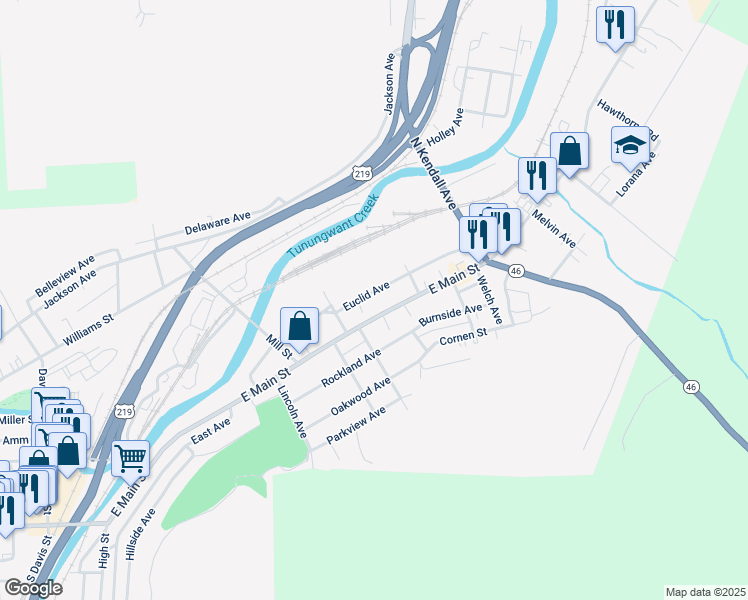 map of restaurants, bars, coffee shops, grocery stores, and more near 301-319 East Main Street in Bradford