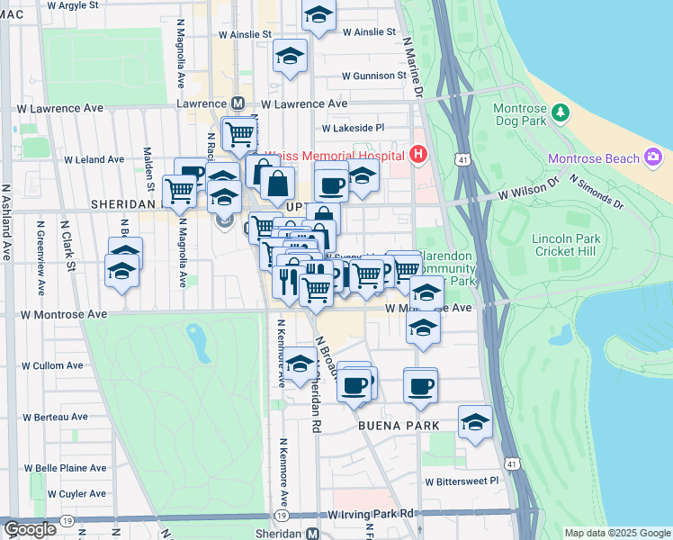 map of restaurants, bars, coffee shops, grocery stores, and more near 941 West Agatite Avenue in Chicago