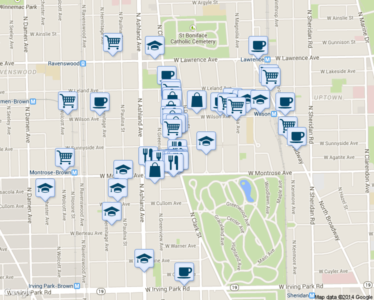 map of restaurants, bars, coffee shops, grocery stores, and more near 4415 North Clark Street in Chicago