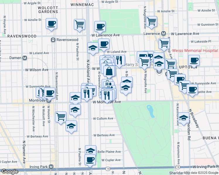 map of restaurants, bars, coffee shops, grocery stores, and more near 4415 North Clark Street in Chicago