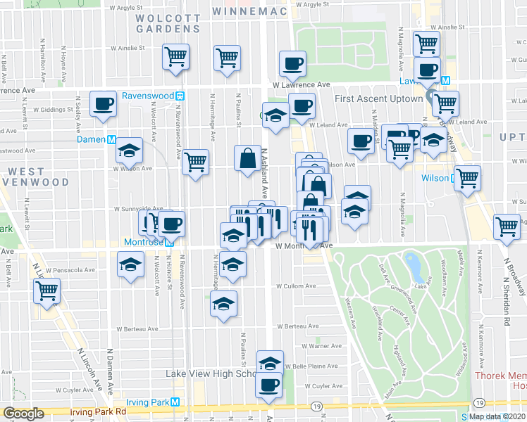 map of restaurants, bars, coffee shops, grocery stores, and more near 4433 North Ashland Avenue in Chicago