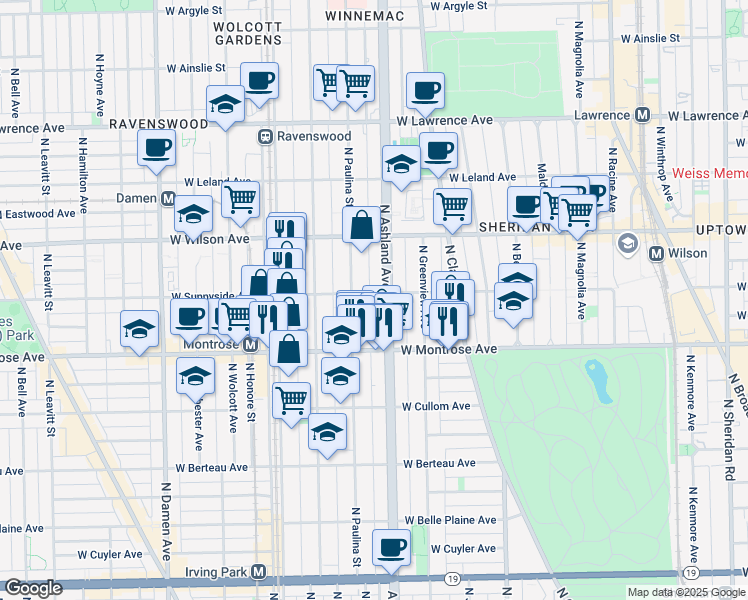 map of restaurants, bars, coffee shops, grocery stores, and more near 4431 North Paulina Street in Chicago