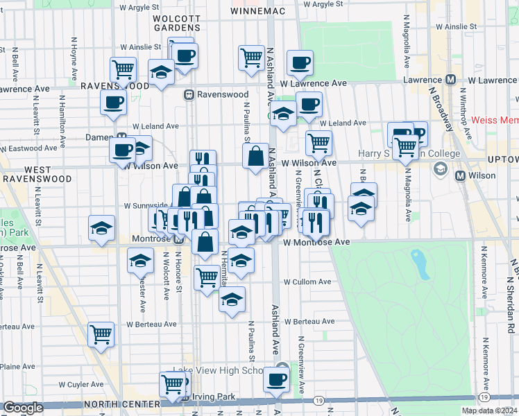 map of restaurants, bars, coffee shops, grocery stores, and more near 4431 North Paulina Street in Chicago