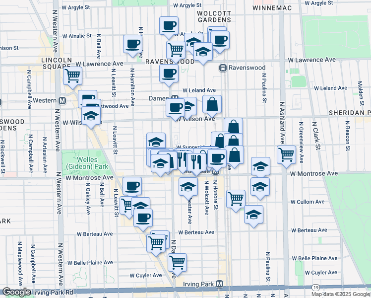 map of restaurants, bars, coffee shops, grocery stores, and more near 4430 North Winchester Avenue in Chicago