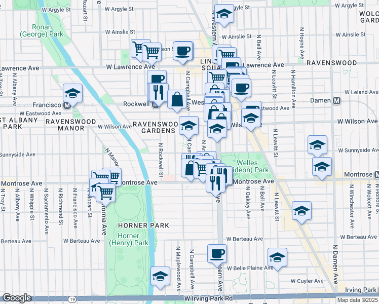 map of restaurants, bars, coffee shops, grocery stores, and more near 4440 North Campbell Avenue in Chicago