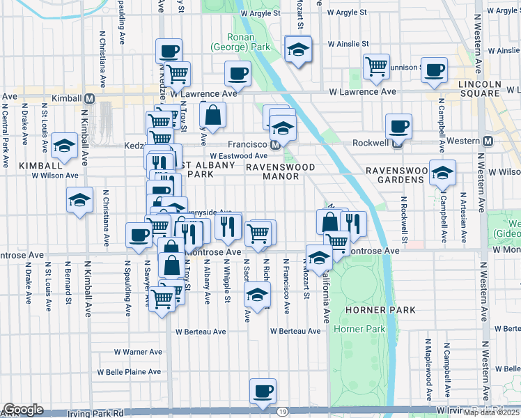 map of restaurants, bars, coffee shops, grocery stores, and more near 4443 North Richmond Street in Chicago