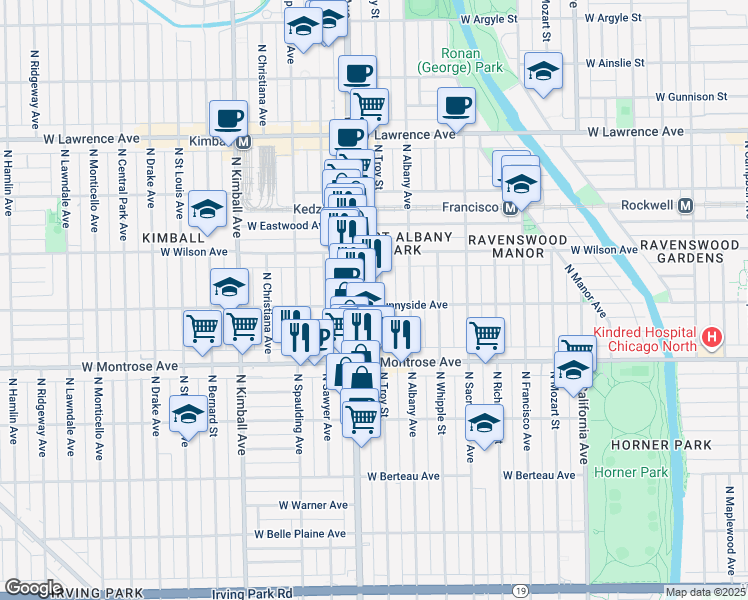 map of restaurants, bars, coffee shops, grocery stores, and more near 4447 North Kedzie Avenue in Chicago