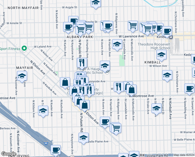 map of restaurants, bars, coffee shops, grocery stores, and more near 4452 North Avers Avenue in Chicago