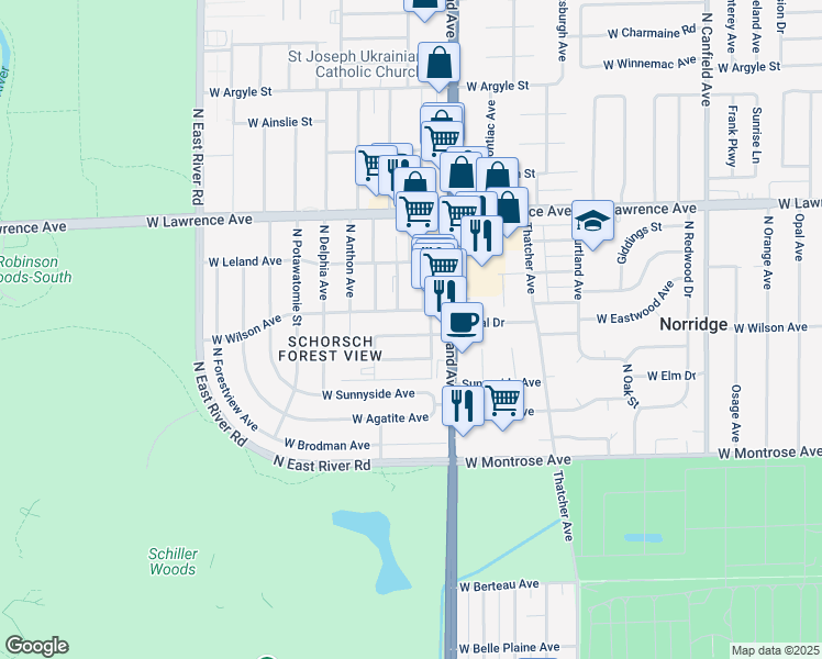 map of restaurants, bars, coffee shops, grocery stores, and more near 8440 West Castle Island Avenue in Chicago