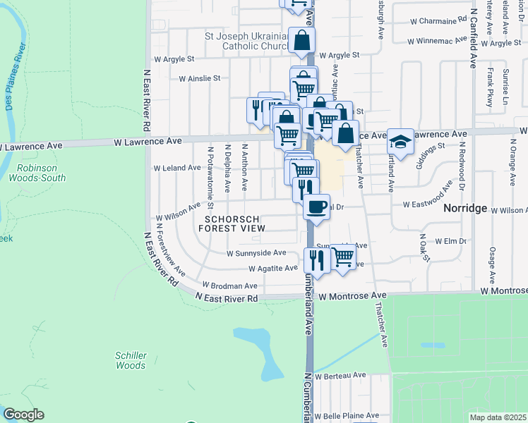map of restaurants, bars, coffee shops, grocery stores, and more near 4548 North Maria Court in Chicago
