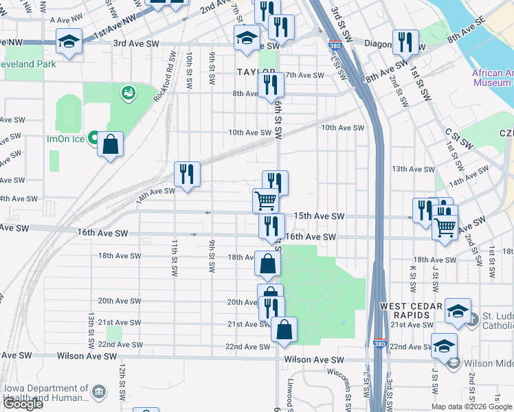 map of restaurants, bars, coffee shops, grocery stores, and more near 639 15th Avenue Southwest in Cedar Rapids