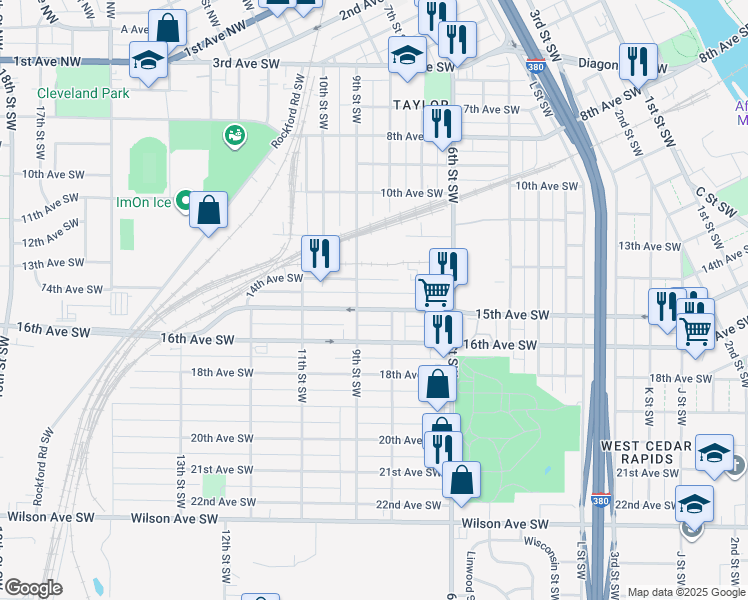 map of restaurants, bars, coffee shops, grocery stores, and more near 1510 8th Street Southwest in Cedar Rapids