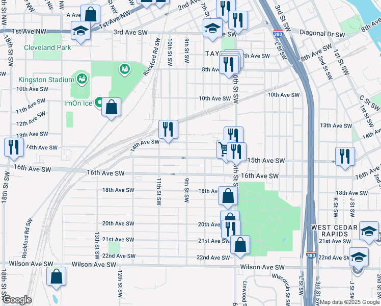 map of restaurants, bars, coffee shops, grocery stores, and more near 1510 9th Street Southwest in Cedar Rapids