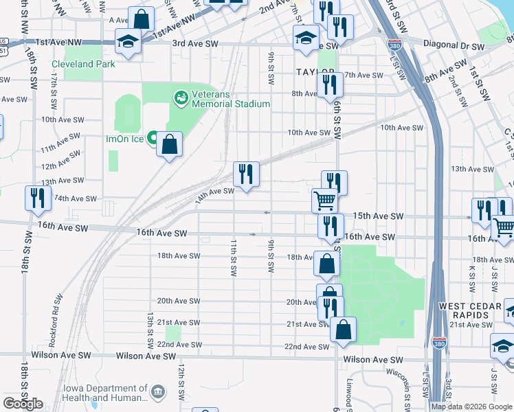map of restaurants, bars, coffee shops, grocery stores, and more near 1510 9th Street Southwest in Cedar Rapids