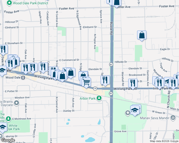 map of restaurants, bars, coffee shops, grocery stores, and more near 1322 Brookwood Street in Bensenville