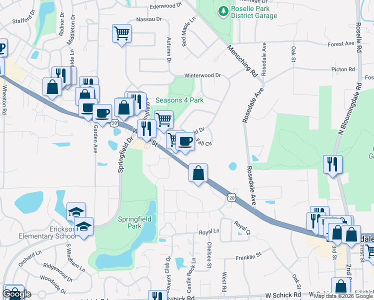 map of restaurants, bars, coffee shops, grocery stores, and more near 480-90 West Lake Street in Roselle