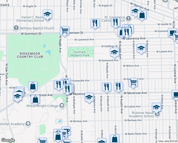 map of restaurants, bars, coffee shops, grocery stores, and more near 4567 North Merrimac Avenue in Chicago