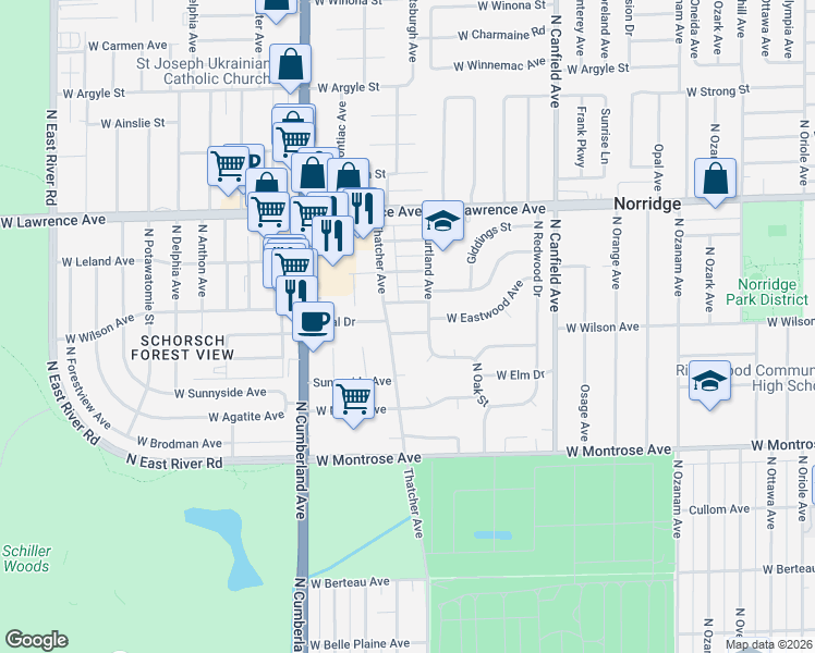 map of restaurants, bars, coffee shops, grocery stores, and more near 8215 Eastwood Avenue in Norridge