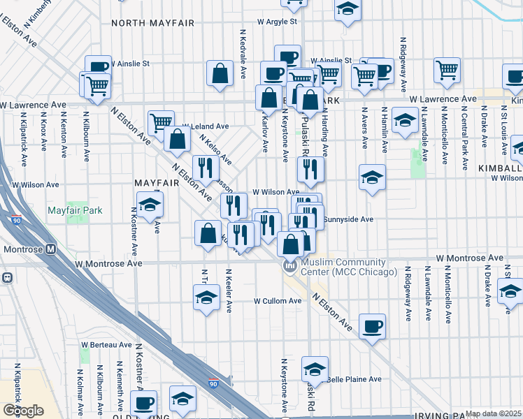 map of restaurants, bars, coffee shops, grocery stores, and more near 4550 North Karlov Avenue in Chicago