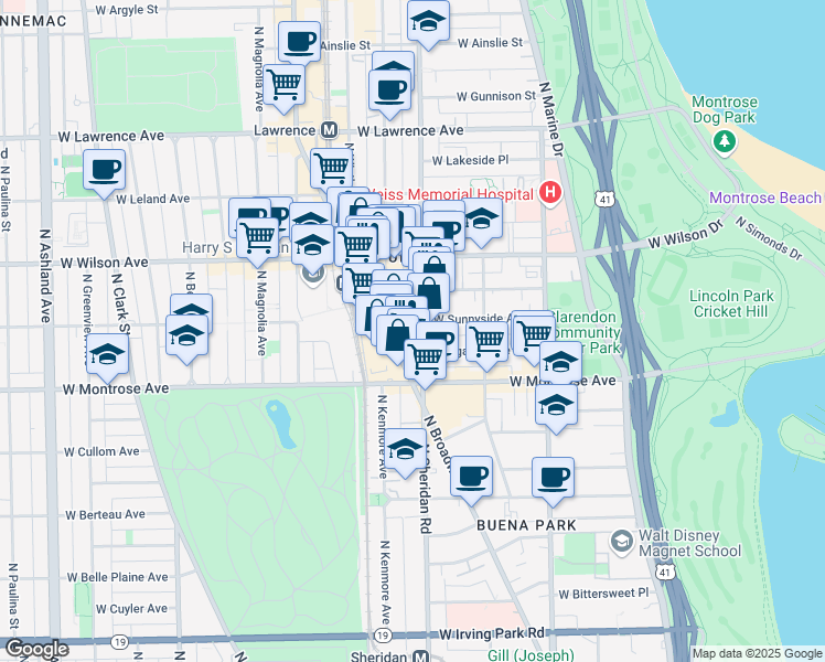 map of restaurants, bars, coffee shops, grocery stores, and more near 4450 North Sheridan Road in Chicago