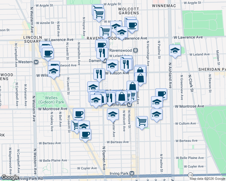 map of restaurants, bars, coffee shops, grocery stores, and more near W Sunnyside Ave & N Winchester Ave in Chicago