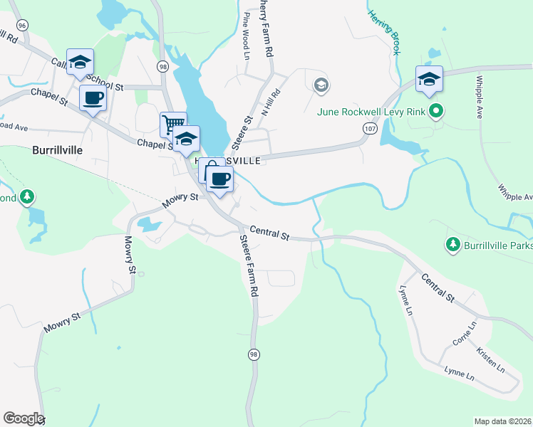 map of restaurants, bars, coffee shops, grocery stores, and more near 30 Central Street in Burrillville